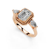 Three Stone Lab Grown Diamond Engagement Ring with Emerald Cut Center Stone and Pear Side Stones