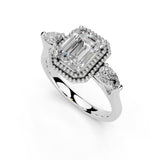 Three Stone Lab Grown Diamond Engagement Ring with Emerald Cut Center Stone and Pear Side Stones