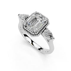 Three Stone Lab Grown Diamond Engagement Ring with Emerald Cut Center Stone and Pear Side Stones