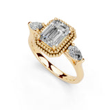 Three Stone Lab Grown Diamond Engagement Ring with Emerald Cut Center Stone and Pear Side Stones