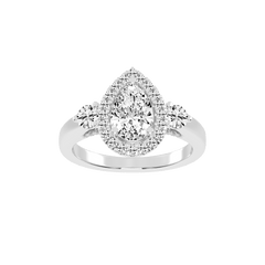 Pear Cut Halo Three Stone Lab Grown Diamond Engagement Ring with Round Side Stones