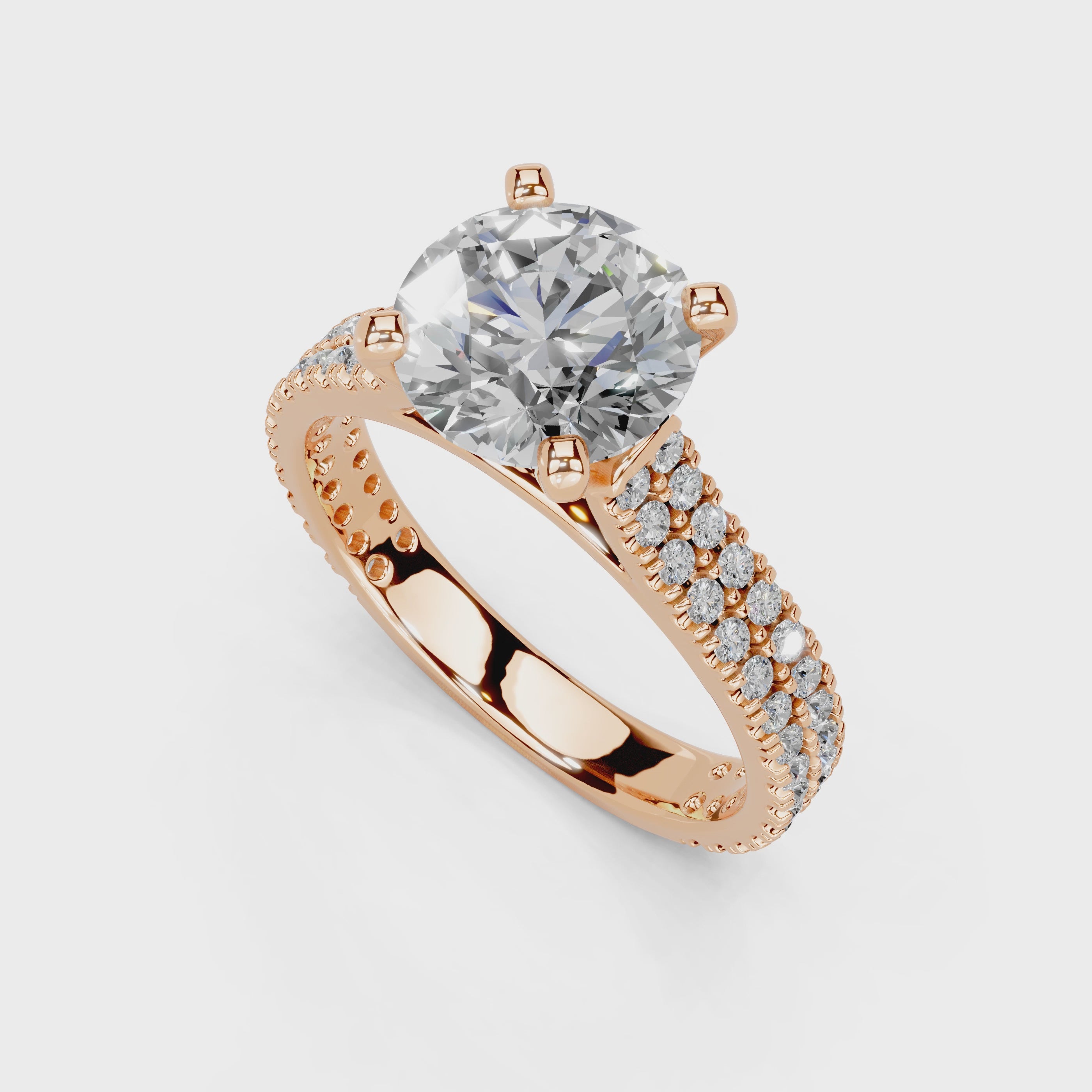 Anillo de compromiso con diamantes cultivados en laboratorio de talla redonda y doble pavé
