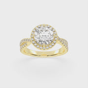 Anillo de compromiso con diamantes cultivados en laboratorio de talla redonda y halo con engaste pavé retorcido