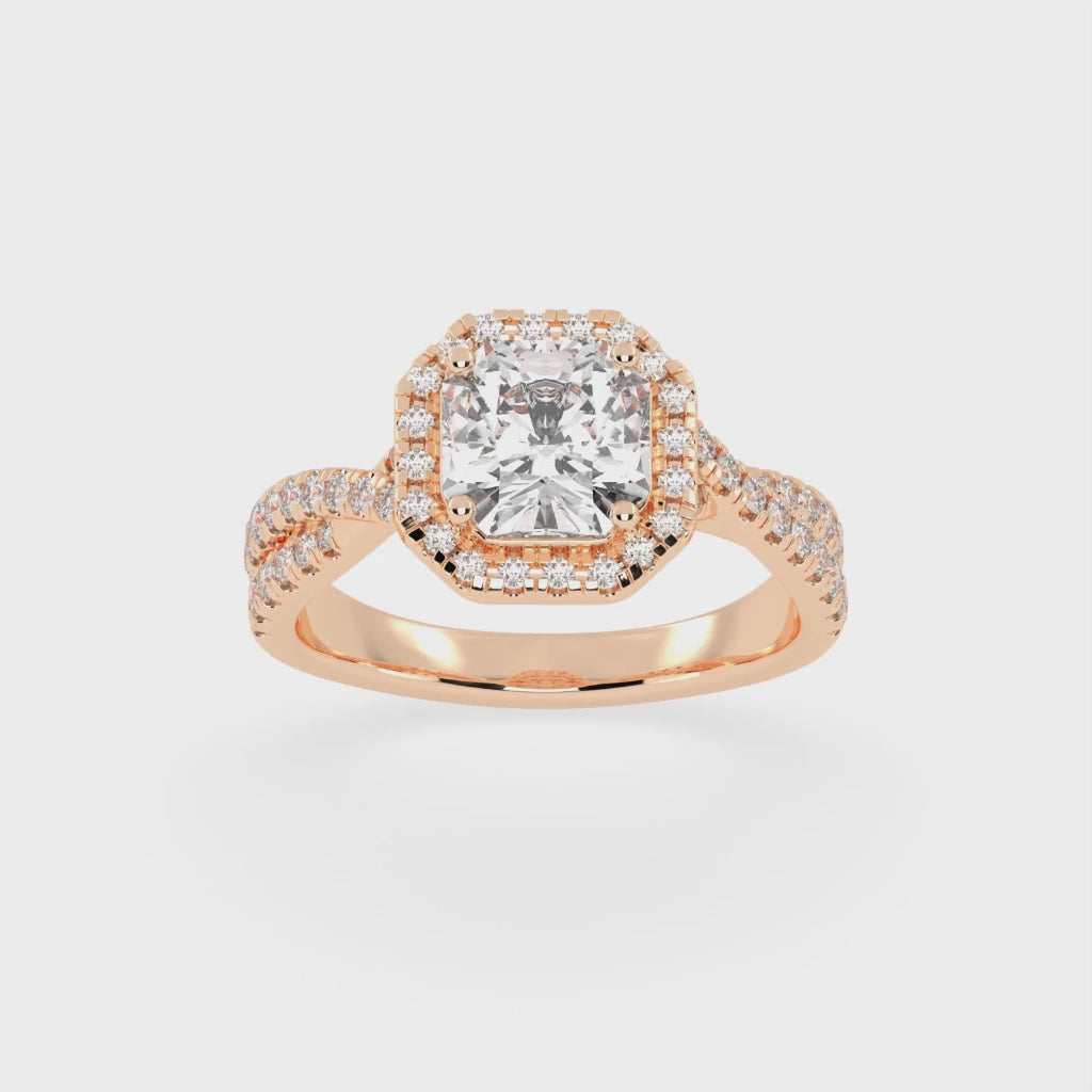 Anillo de compromiso con diamantes cultivados en laboratorio con halo de talla Asscher y engaste pavé retorcido