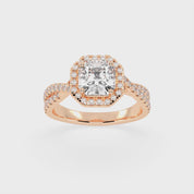 Anillo de compromiso con diamantes cultivados en laboratorio con halo de talla Asscher y engaste pavé retorcido