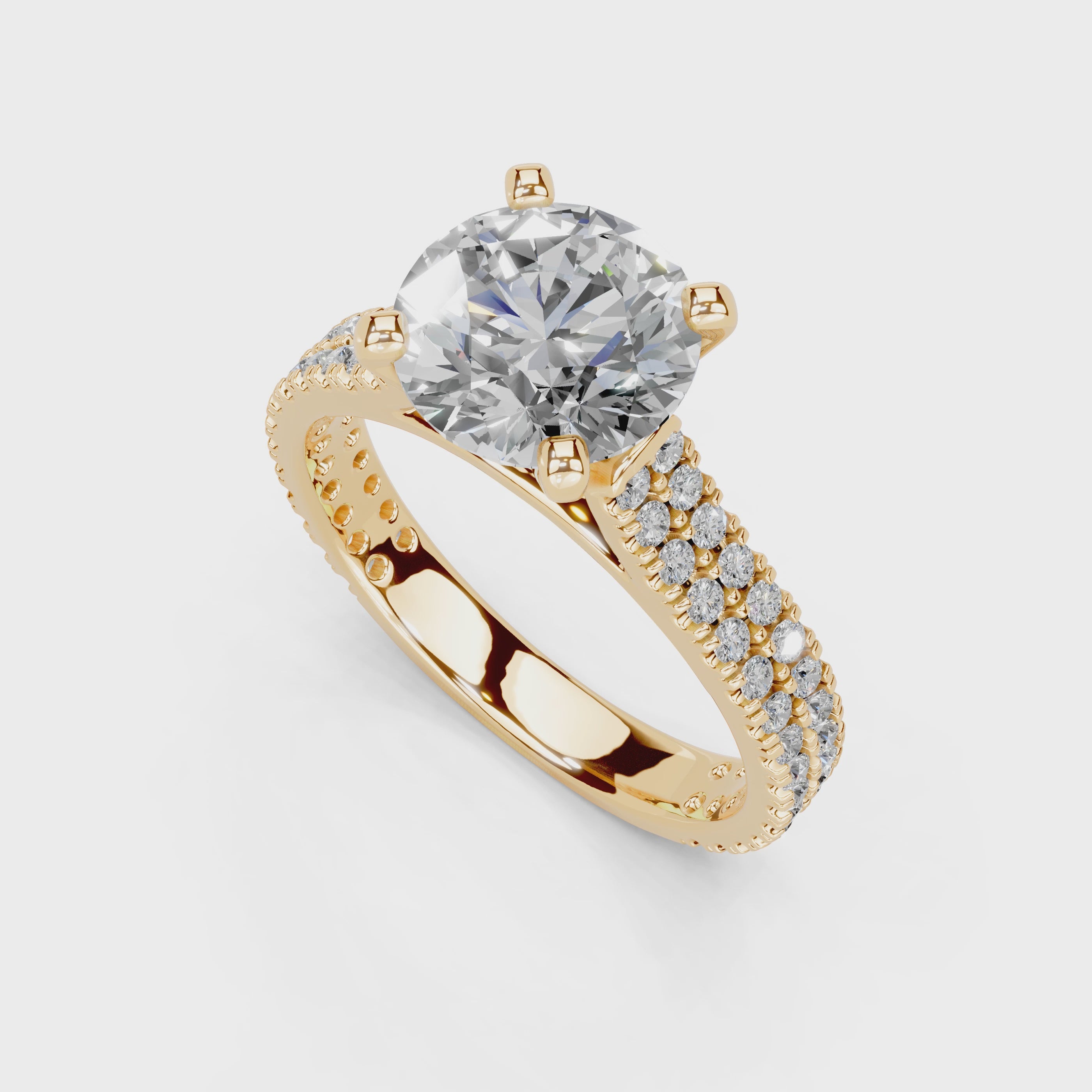 Anillo de compromiso con diamantes cultivados en laboratorio de talla redonda y doble pavé