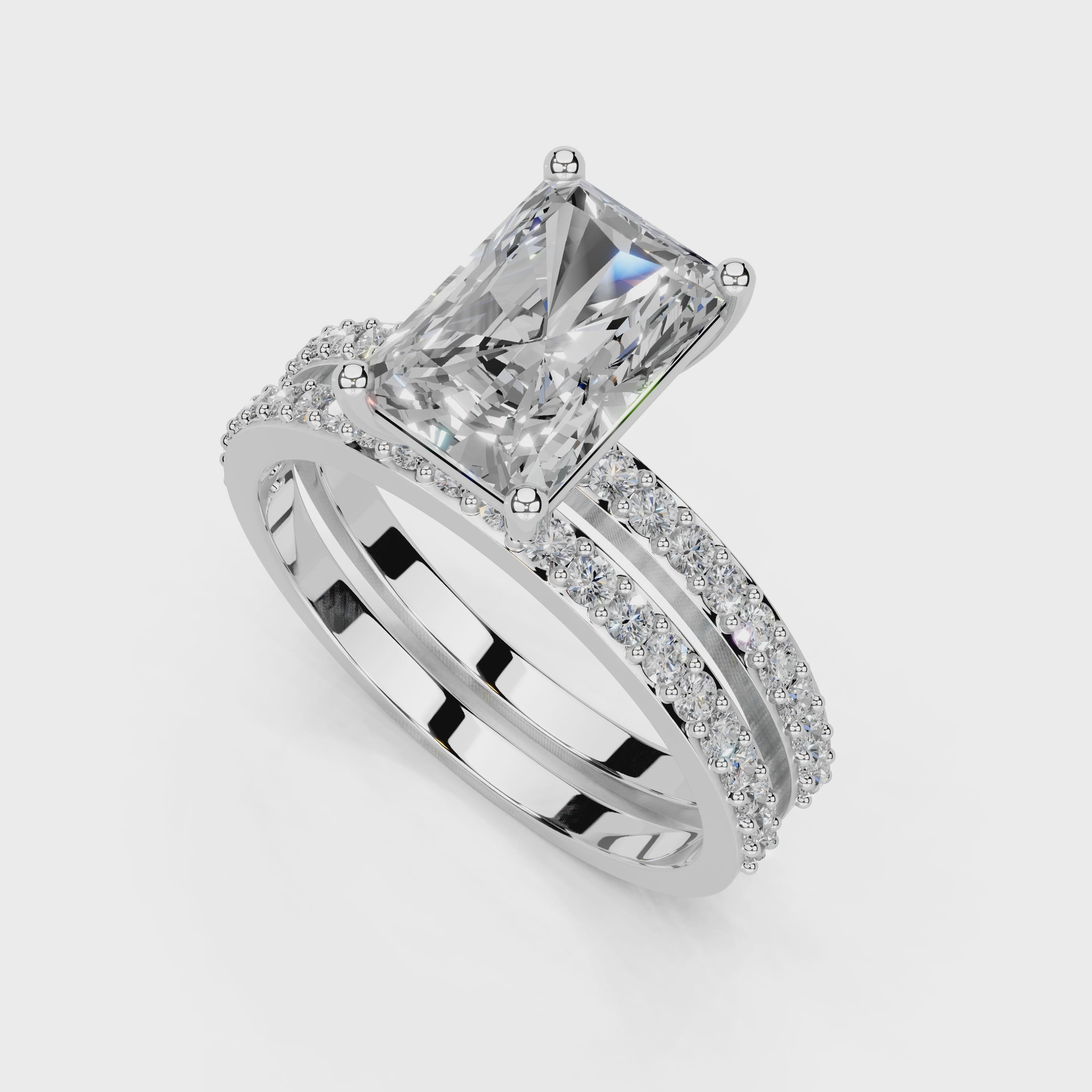 Anillo de compromiso con diamantes cultivados en laboratorio de doble hilera y corte pavé radiante