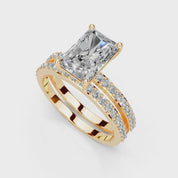 Anillo de compromiso con diamantes cultivados en laboratorio de doble hilera y corte pavé radiante