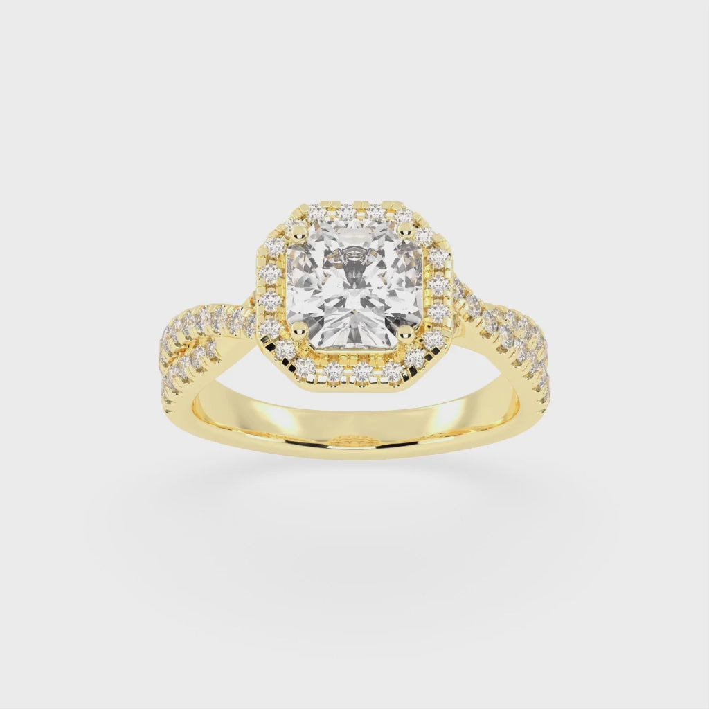 Anillo de compromiso con diamantes cultivados en laboratorio con halo de talla Asscher y engaste pavé retorcido