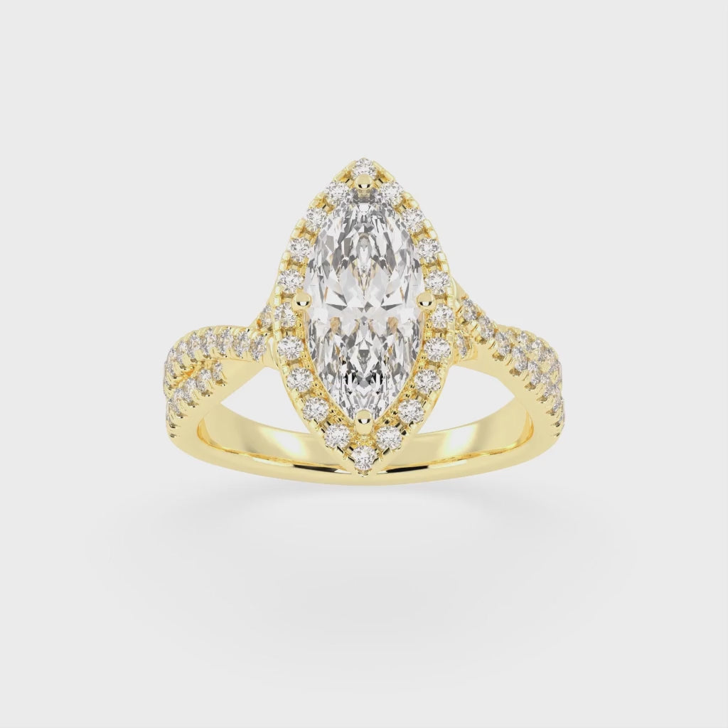 Marquise cut Halo Lab Grown Diamond Engagement Ring with Twisted Pave Setting