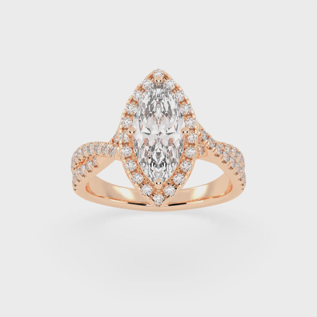 Marquise cut Halo Lab Grown Diamond Engagement Ring with Twisted Pave Setting