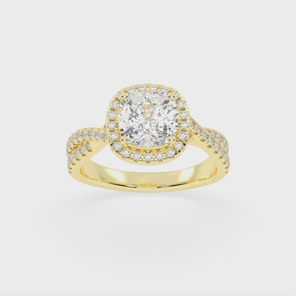 Anillo de compromiso con diamantes cultivados en laboratorio con halo de talla cojín y engaste pavé retorcido