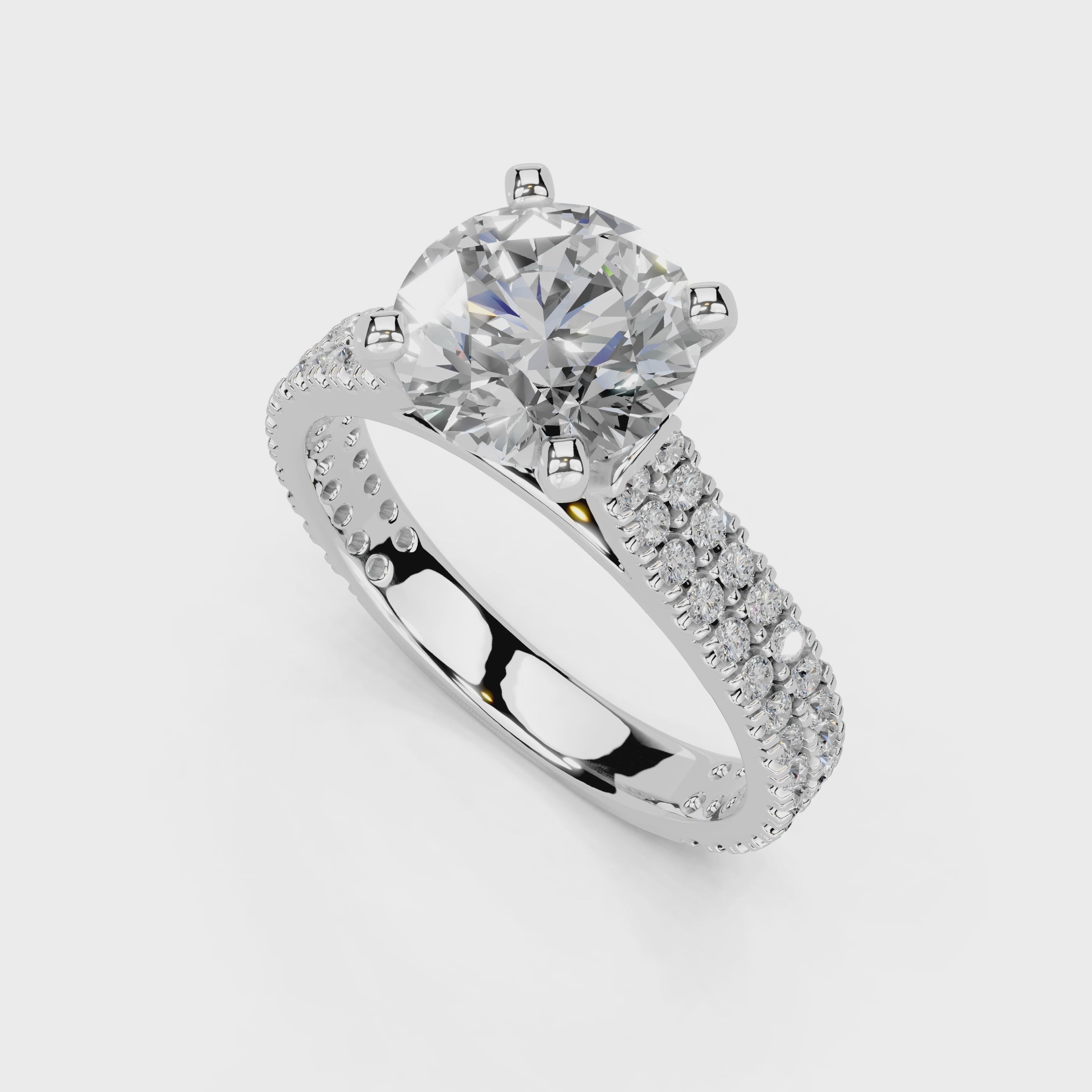 Anillo de compromiso con diamantes cultivados en laboratorio de talla redonda y doble pavé