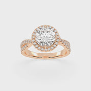 Anillo de compromiso con diamantes cultivados en laboratorio de talla redonda y halo con engaste pavé retorcido