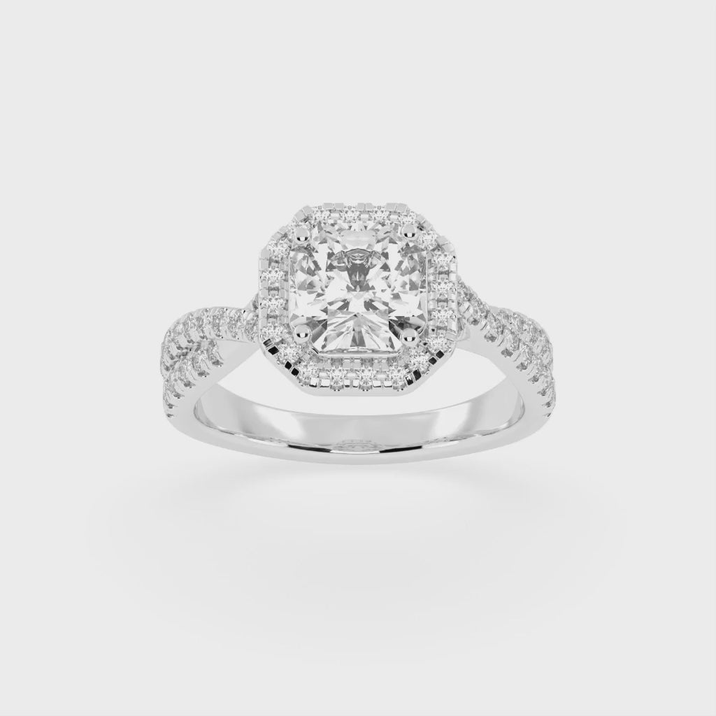 Anillo de compromiso con diamantes cultivados en laboratorio con halo de talla Asscher y engaste pavé retorcido