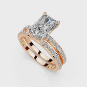Anillo de compromiso con diamantes cultivados en laboratorio de doble hilera y corte pavé radiante