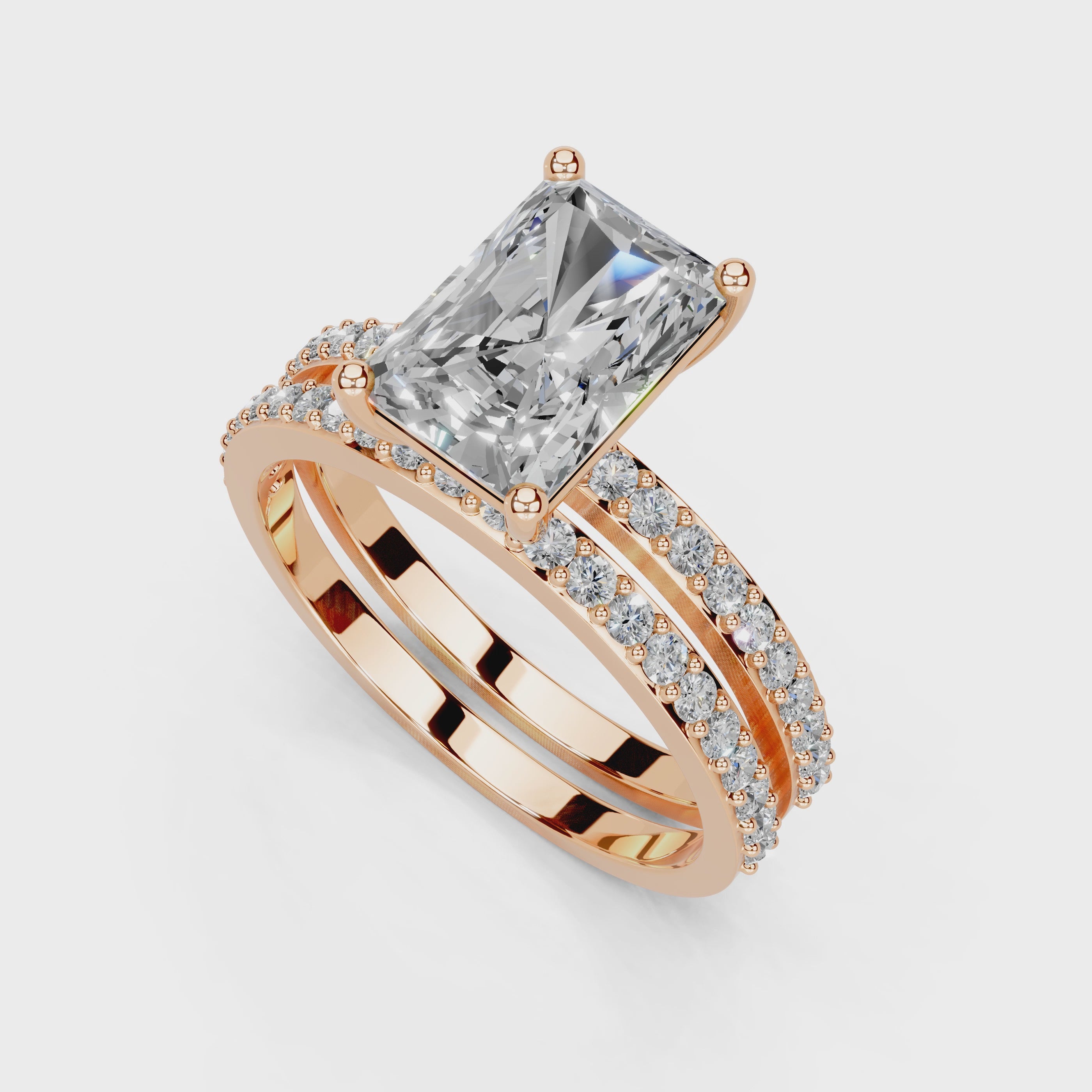 Anillo de compromiso con diamantes cultivados en laboratorio de doble hilera y corte pavé radiante