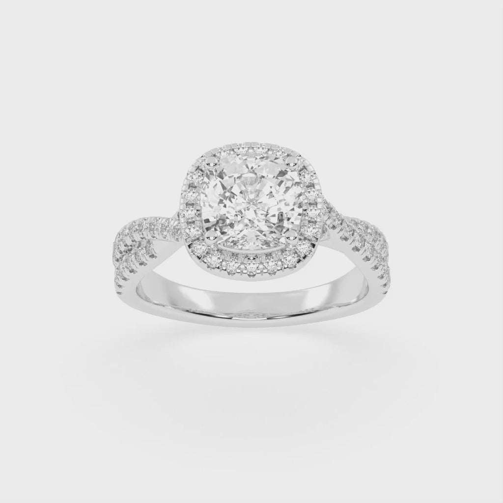 Anillo de compromiso con diamantes cultivados en laboratorio con halo de talla cojín y engaste pavé retorcido